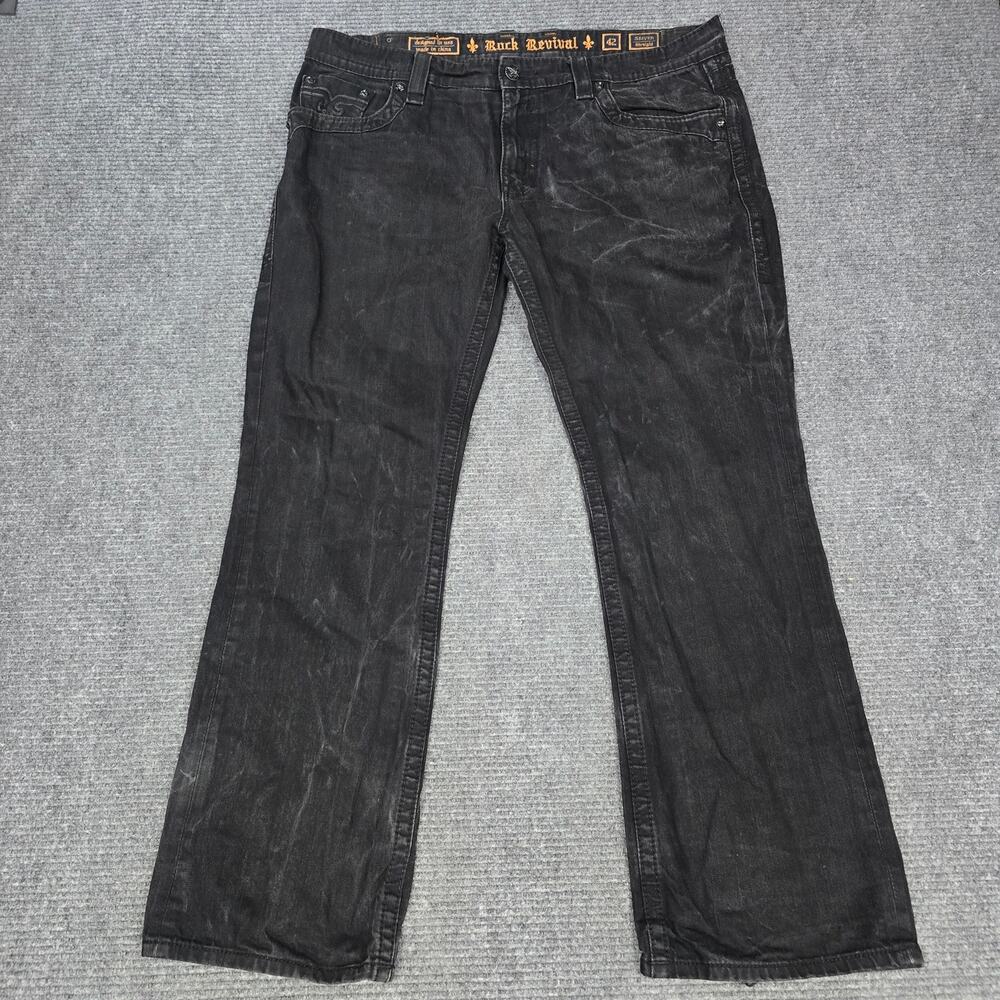 Rock Revival Steven Straight Jeans Mens 42 42x34 Black Faded Flap Pocket Denim